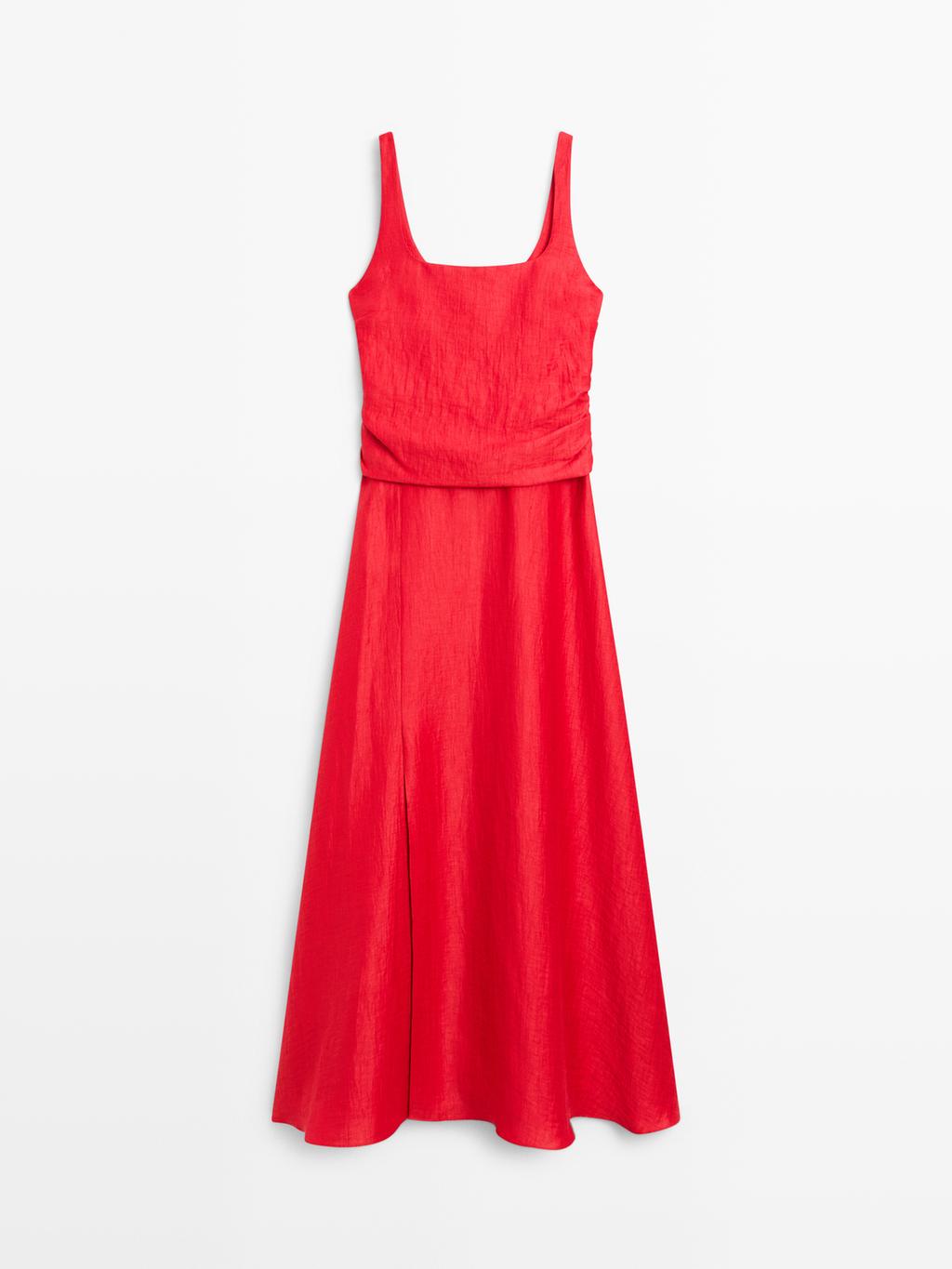 Linen blend double-layer midi dress