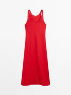 100% linen round neck midi dress