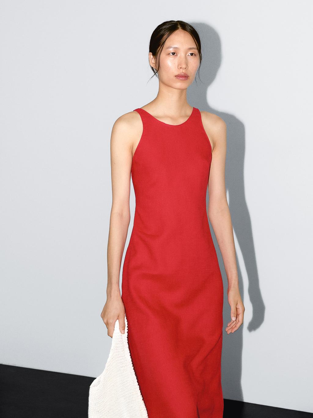 100% linen round neck midi dress