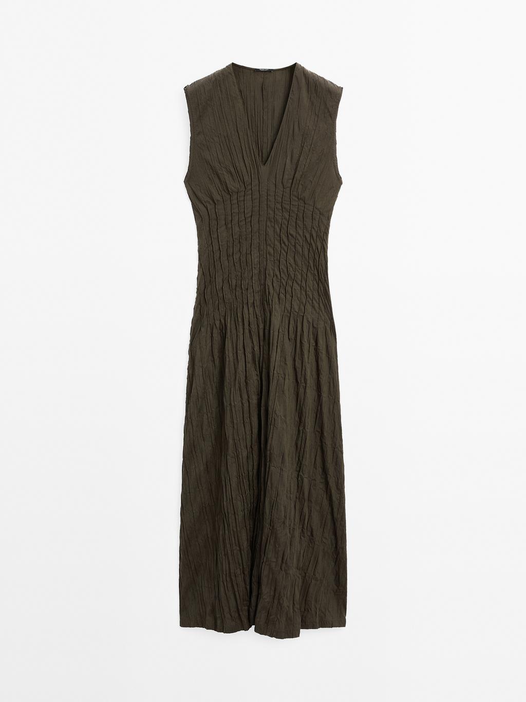 Creased-effect long pleated dress