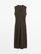 Creased-effect long pleated dress
