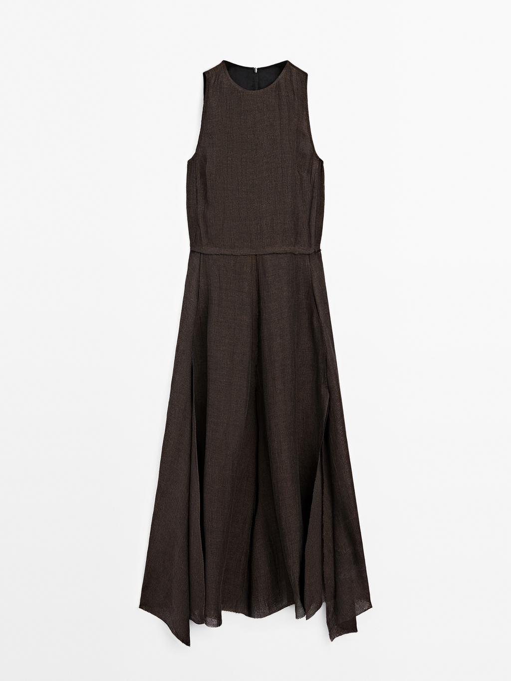 100% linen midi dress with frayed trims