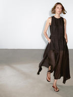 100% linen midi dress with frayed trims