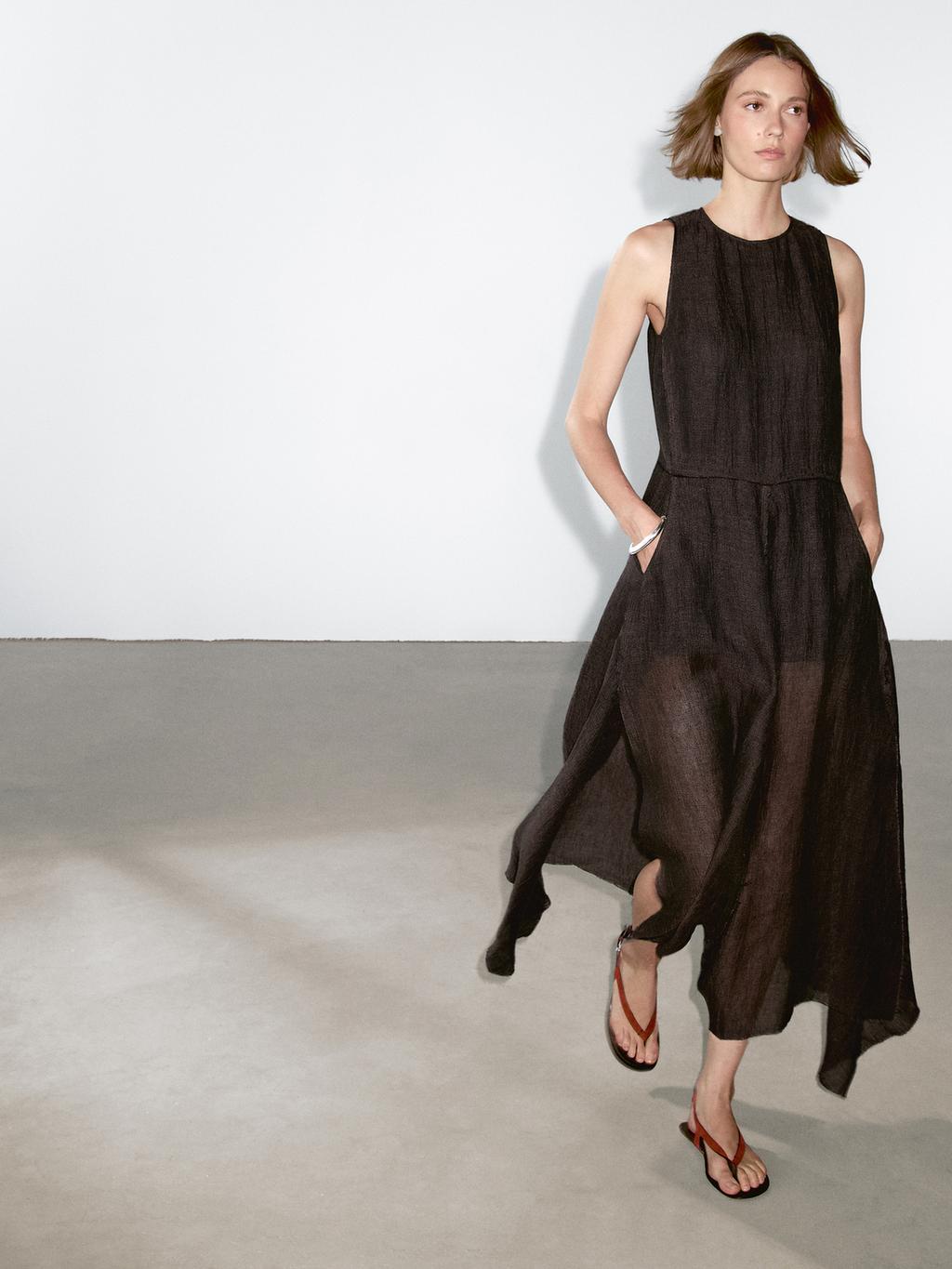 100% linen midi dress with frayed trims