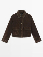 Short denim jacket with pockets and flocked finish