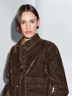 Short denim jacket with pockets and flocked finish