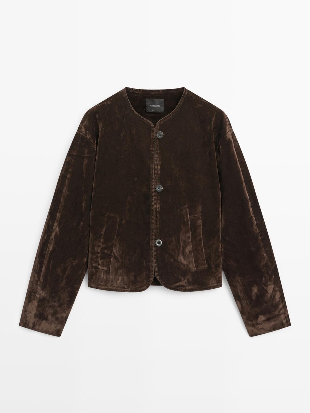 Short denim jacket with flocked finish