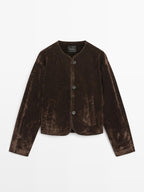 Short denim jacket with flocked finish