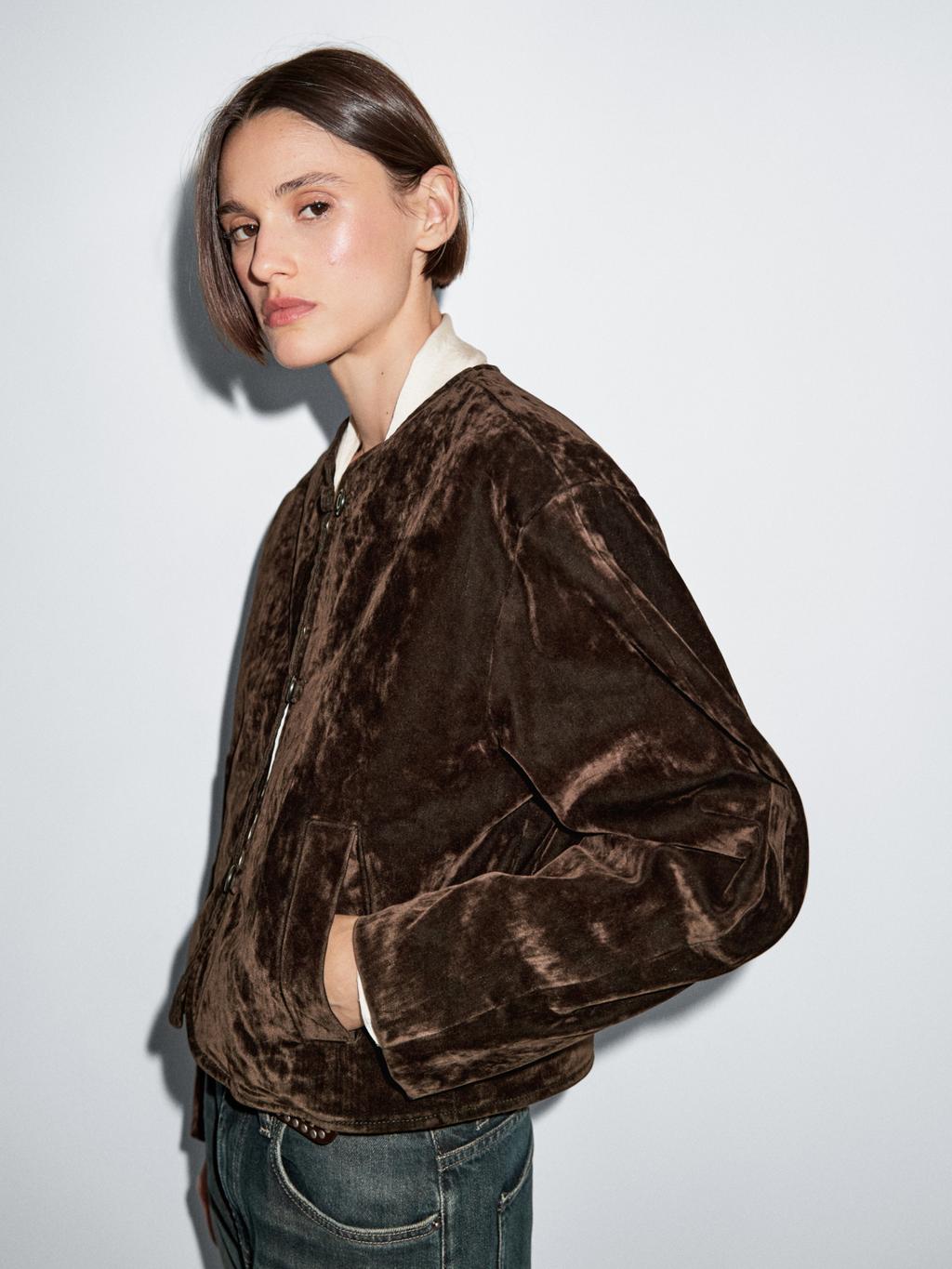 Short denim jacket with flocked finish