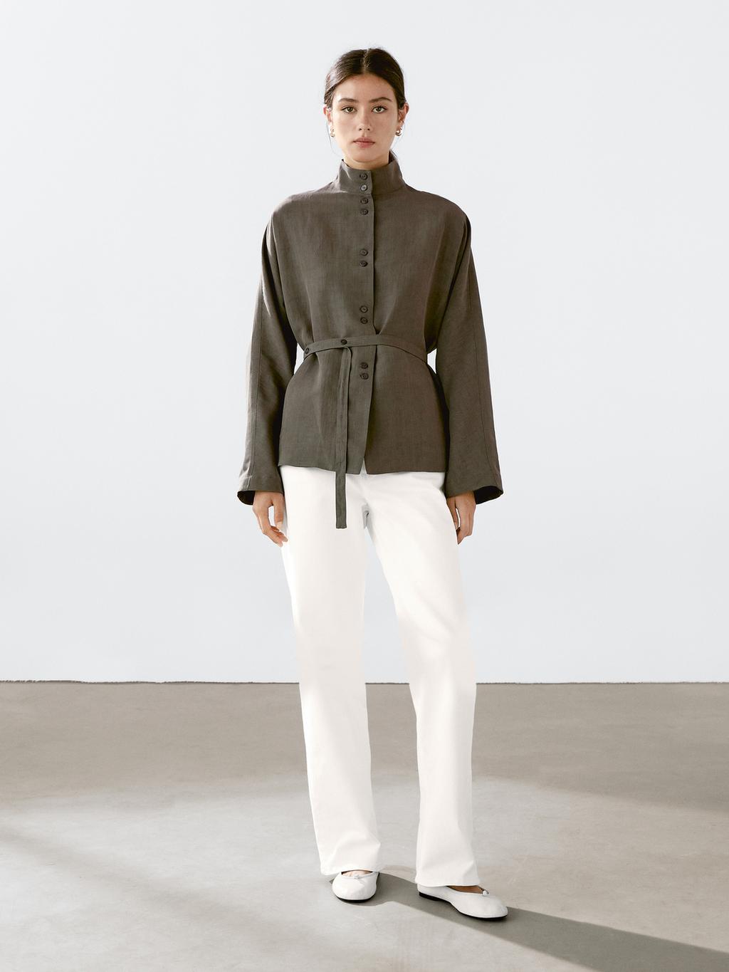 Linen blend stand collar jacket