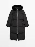 Technical down jacket with faux fur hood