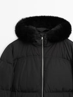 Technical down jacket with faux fur hood