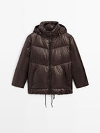 Water-repellent shiny down jacket with detachable hood