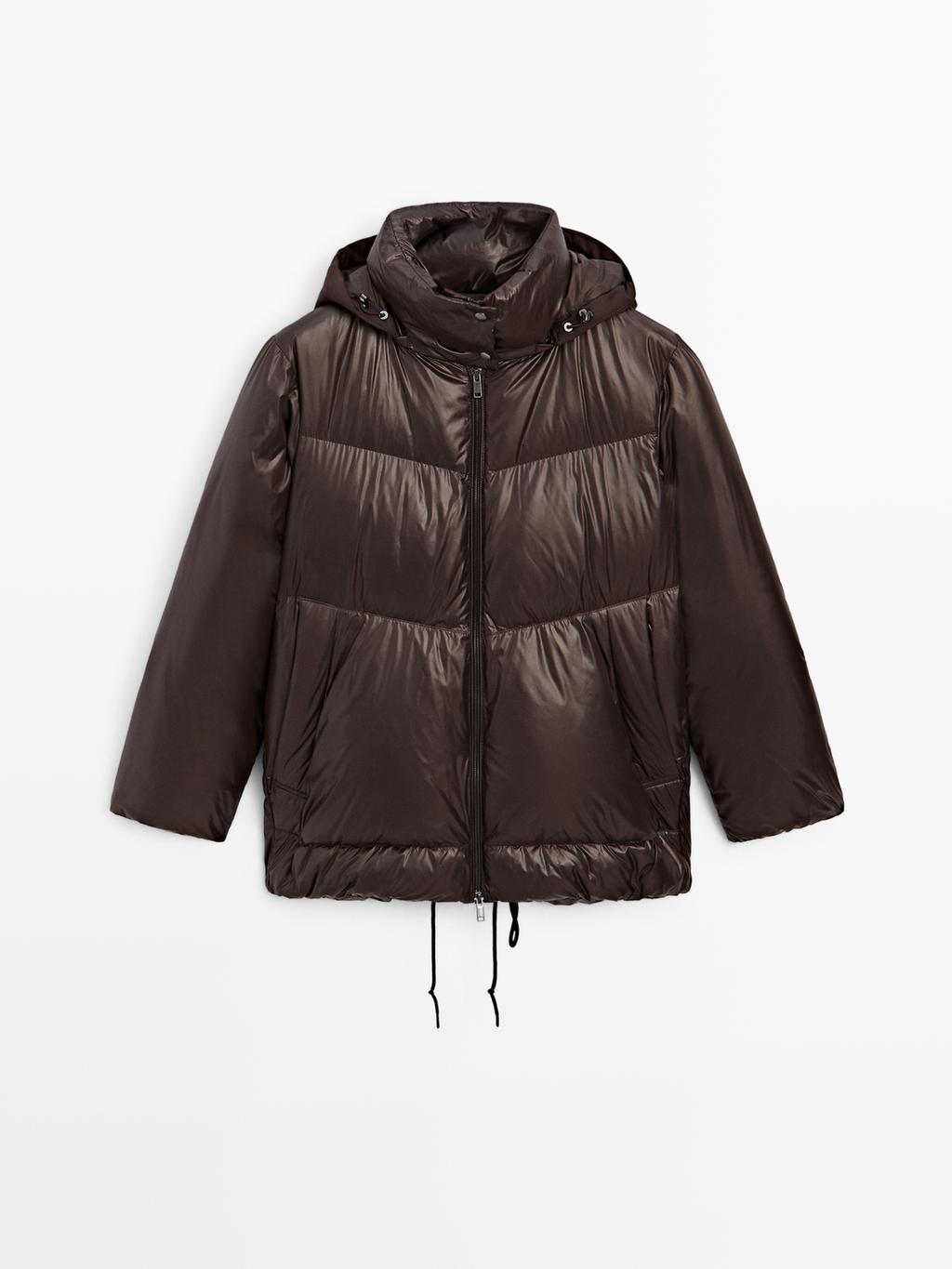 Water-repellent shiny down jacket with detachable hood
