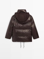 Water-repellent shiny down jacket with detachable hood