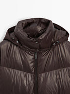 Water-repellent shiny down jacket with detachable hood