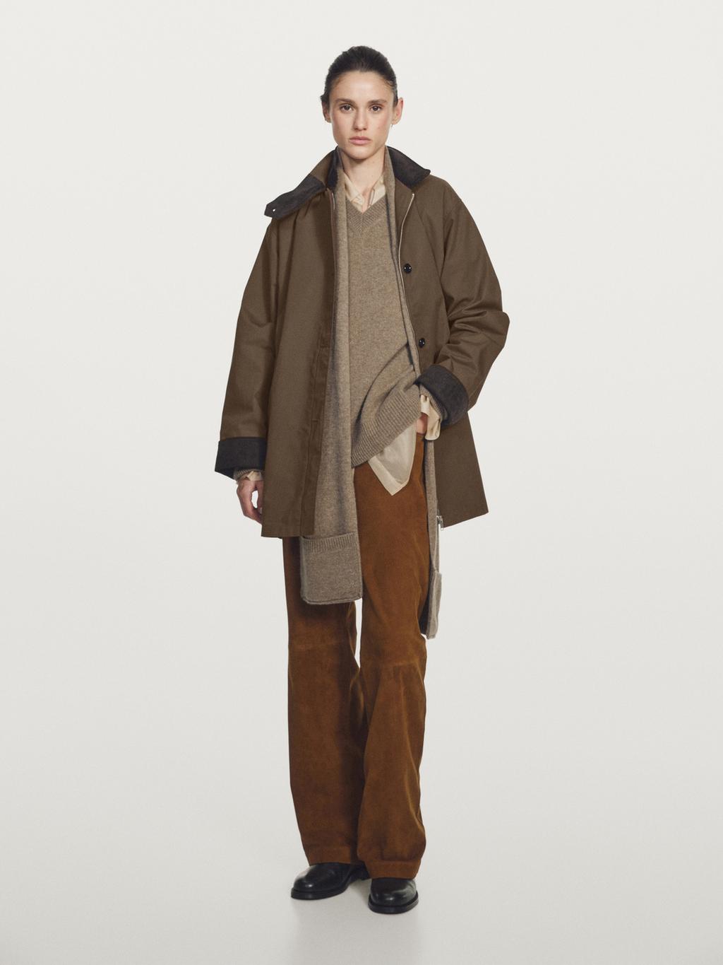 Waxed high neck parka with corduroy detail