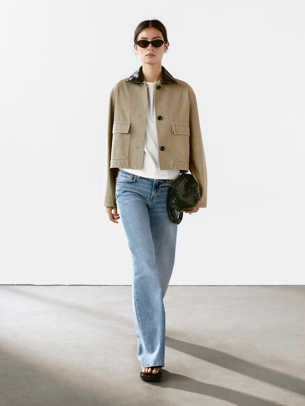 Jacket with detachable leather collar detail