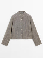 Short linen jacket with stand collar