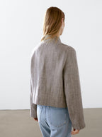 Short linen jacket with stand collar