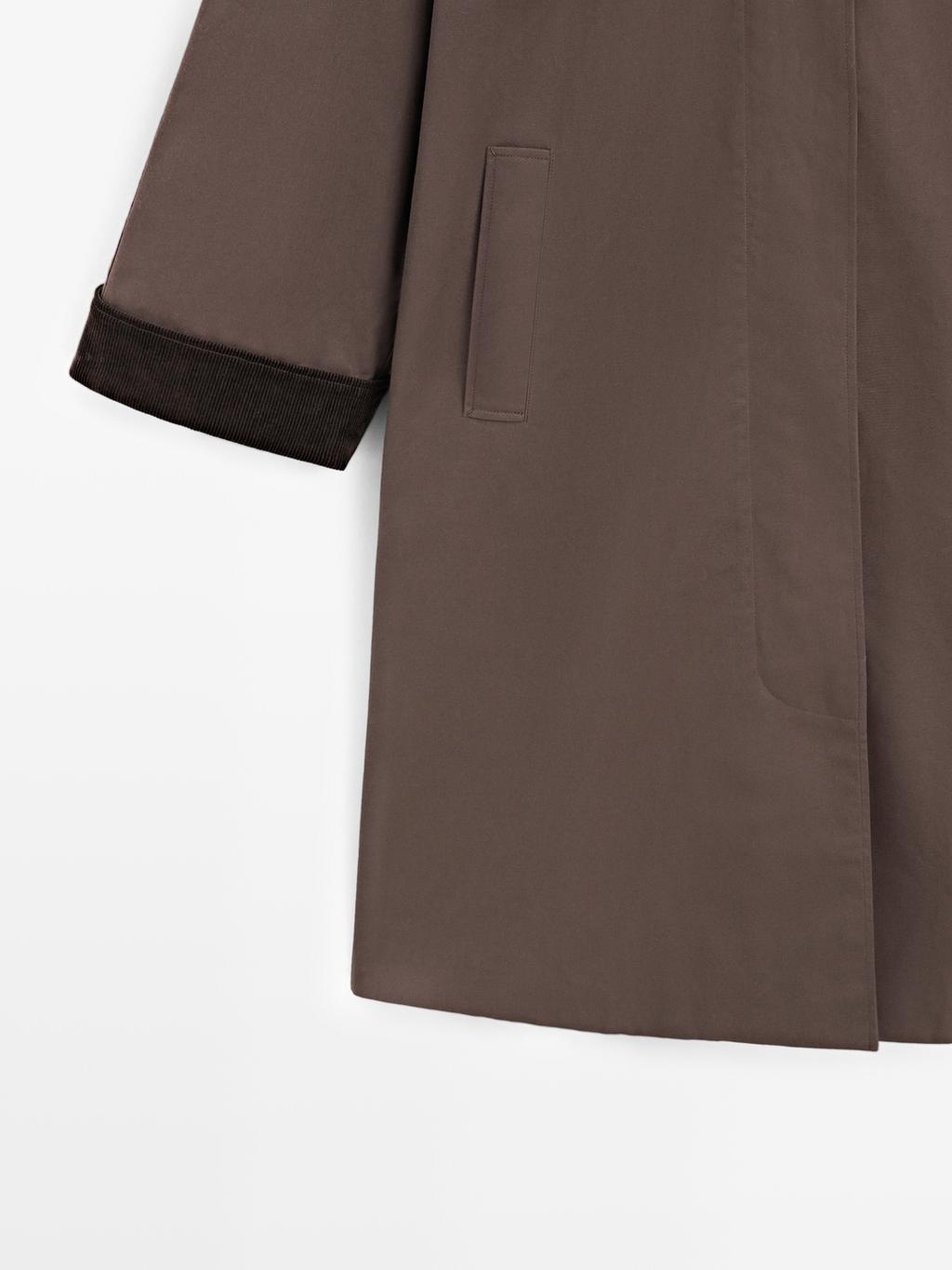 Long waxed parka with corduroy detail