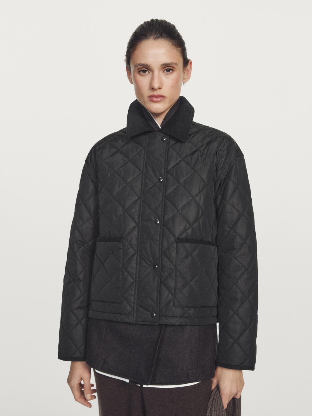 Short lightweight water-repellent puffer jacket with corduroy detail