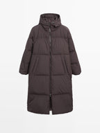 Long water-repellent puffer down jacket with hood