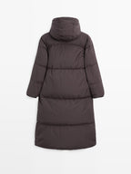 Long water-repellent puffer down jacket with hood