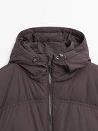 Long water-repellent puffer down jacket with hood