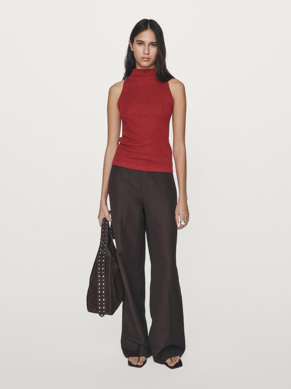 Knit halterneck top with metallic finish