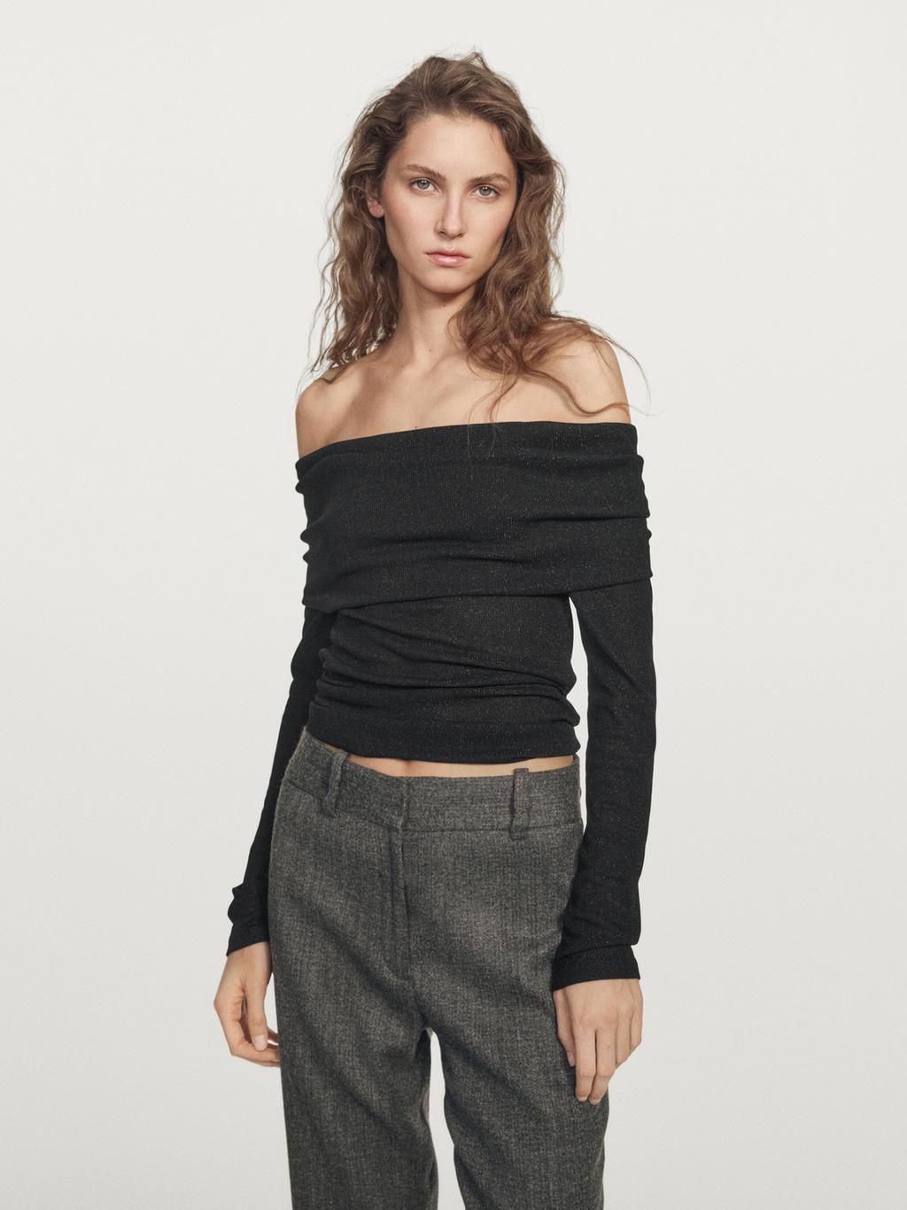 Ribbed long sleeve T-shirt with metallic finish