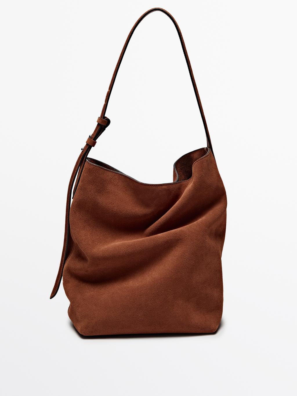 Split suede leather bucket bag