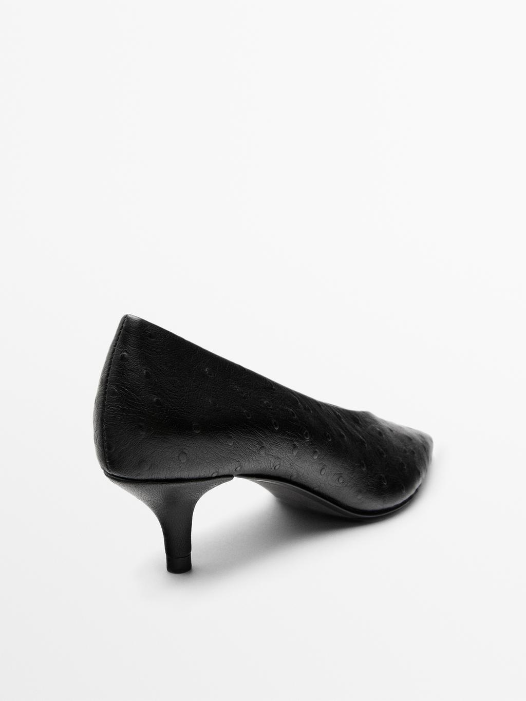 Ostrich print leather court shoes