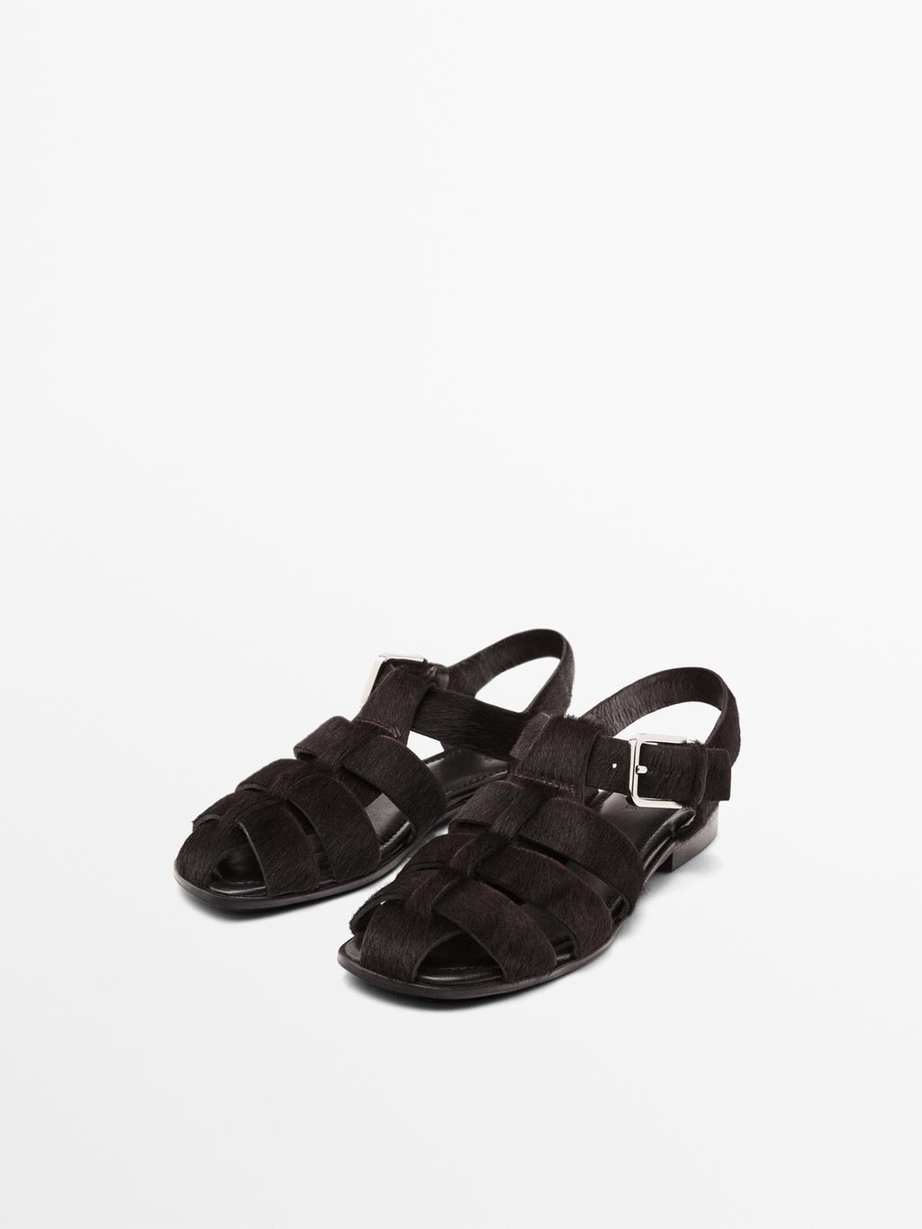 Hair on leather cage sandals