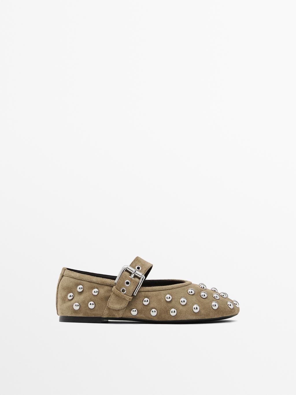 Studded split leather ballet flats