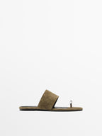 Split suede flat slider sandals with ring detail