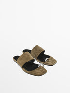 Split suede flat slider sandals with ring detail