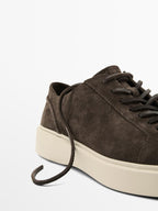 Brown leather lace-up trainers