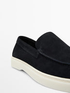 Navy blue split suede loafers